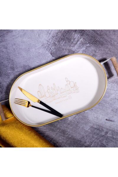 Kosova Sunum Çay Ve Kahve Tepsisi Ahşap Saplı-metal Krem Oval 38*21cm Kaktüs Desenli