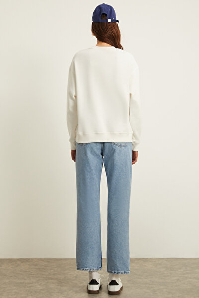 GRIMELANGE Soyeon Women's Front and Back Print Detailed Raised Long Sleeve Ecru Sweatshirt