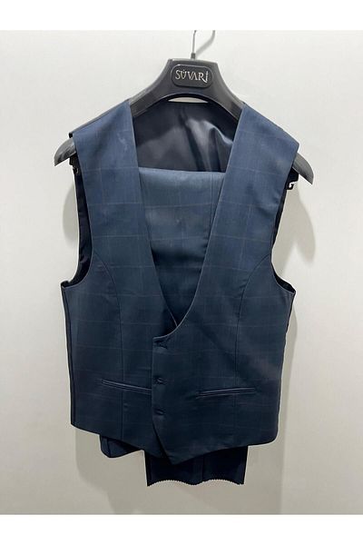 SÜVARİ Navy Blue Plaid Patterned Slim Fit Vest Suit