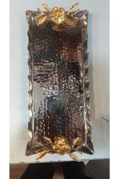 Ustası Antepte Dikdörtgen Bakır Sunumluk Japon Gülü Detaylı