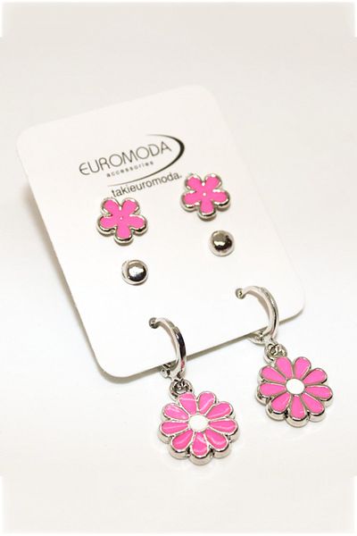 EUROMODA Colorful Daisy and Flower Patterned Ball Earrings Set of 3