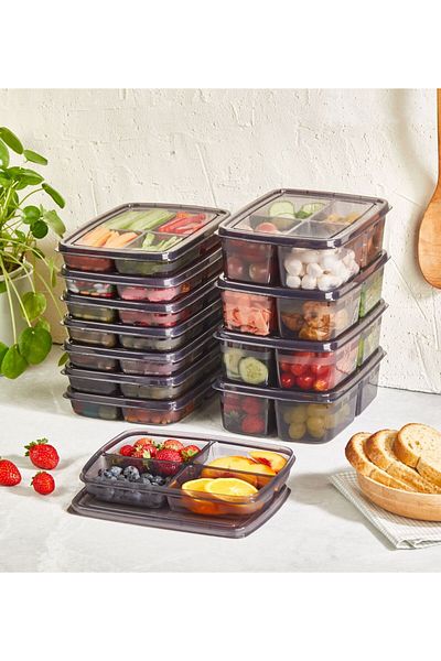 Purelegant 4 Compartment Breakfast Vegetable Storage Set - Lunch Fridge Organizer 2 Pieces 100 and 250 Gray