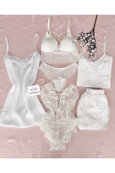 MH Moony Homewears Set de zestre de pijama din satin deschis din 6 piese - Cutie
