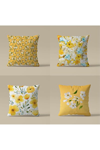 Karma Home Set de 4 huse de pernă galbene cu modele florale - imprimare digit...