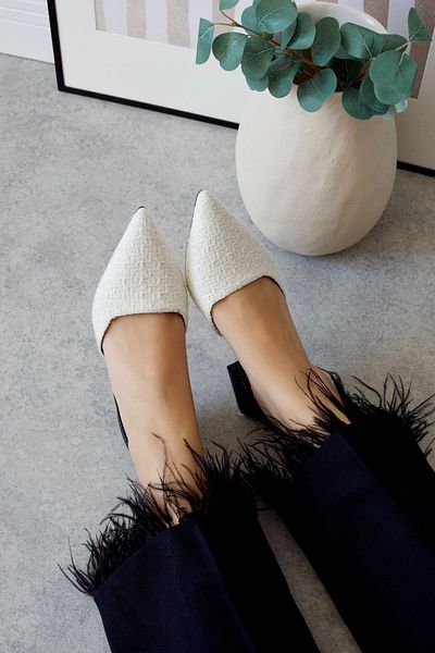 POLKA STORE Blush White Tweed Špičatá Toe Krátké Blokové Podpatky Dámské Boty
