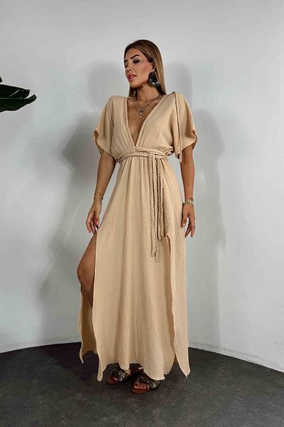 bymaestro woman Γυναικείο μάξι φόρεμα από ύφασμα μουσελίνας με λεπτομέρεια πλεξίματος μπροστά και πίσω