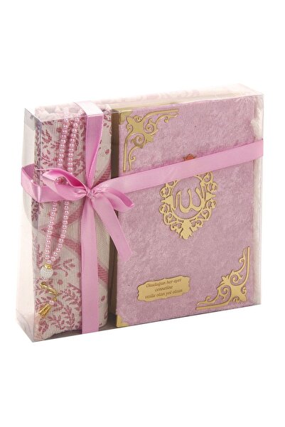 Emir Kitabevi Hediyelik Kadife Kuranı Kerim Seccade tesbih set Pembe