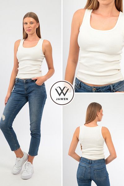 JAWEN Women's New Season Cotton Comfort Model Ribbed Look Thick Strap Premium Texture Basic Knitted Undershirt