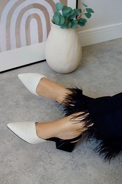 POLKA STORE Blush White Tweed Špičatá Toe Krátké Blokové Podpatky Dámské Boty