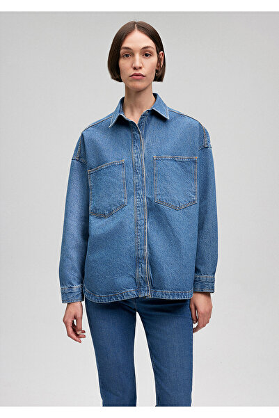 Mavi Cep Detaylı Indigo Denim Gömlek Oversize / Geniş Kesim 1210669-82052