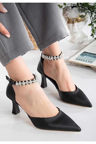 BEB SHOES BİLEKTEN TAŞLI SATEN MALZEME TOPUKLU KADIN AYAKKABI