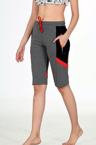 Fantasy Anthracite Color Women's Sports Capri - Two Thread, Elastic Waist, Straight Leg, Pocket, Cotton Edy19428