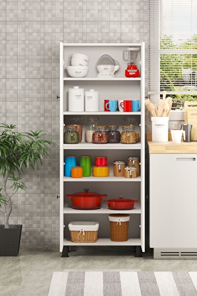Yeni Vitrin %100 Mdf 6 Raflı 4 Kapaklı Beyaz Çok Amaçlı Banyo/kiler/mutfak Dolabı 60 Cm En