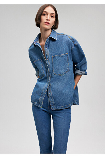Mavi Cep Detaylı Indigo Denim Gömlek Oversize / Geniş Kesim 1210669-82052