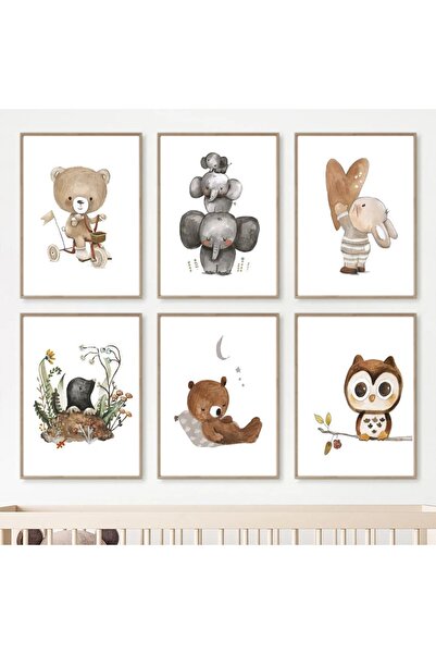 TABLOX Sevimli Baykuş ve Ailesi Özel Tasarım 6’lı Çerçeve Görünümlü MDF Tablo Seti-Bebek ve Çocuk Odası Dek