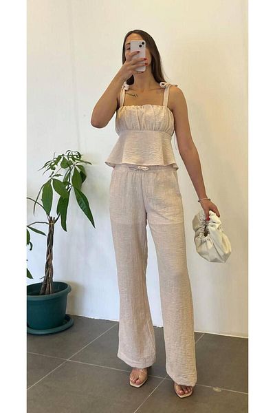 My Blog Ecru Thick Strap Blouse and Trousers Shirt Set