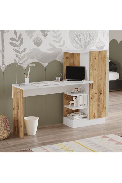 L'occi Concept Luke 152 Cm Kitaplıklı Kapaklı Çalışma Masası Raflı Laptop Masası Çam Beyaz Lk2-aw