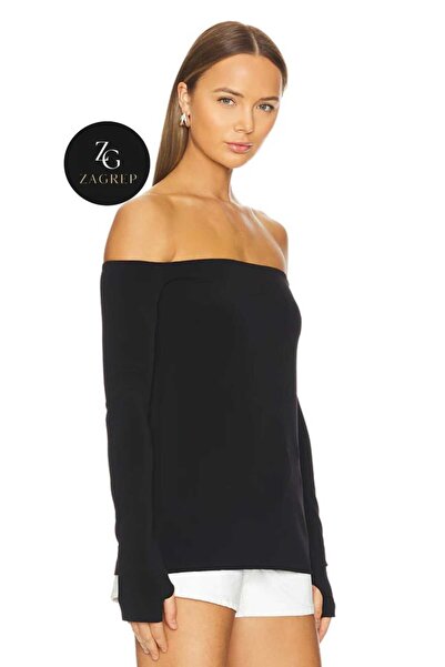 Zagrep Черна двуслойна дамска блуза от копринено трико без презрамки с прорези за пръсти