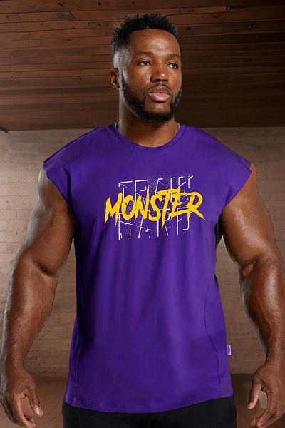 BESSA Men's Heavy Printed Purple Oversize Crew Neck Cotton Sleeveless Sports T-shirt/atlet