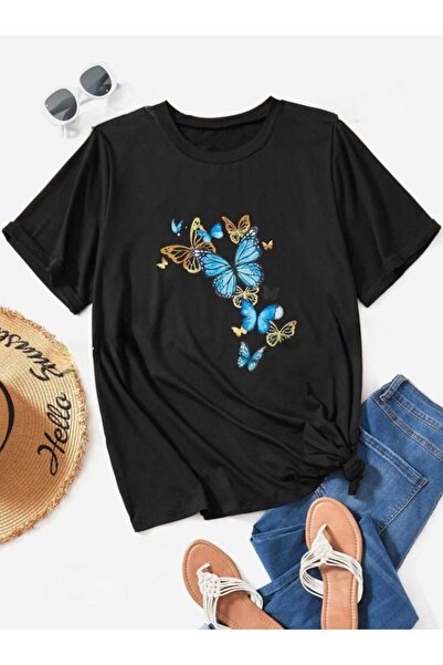 DEZZİİ Plavi leptir Štampano crna Oversize kroj T-shirt