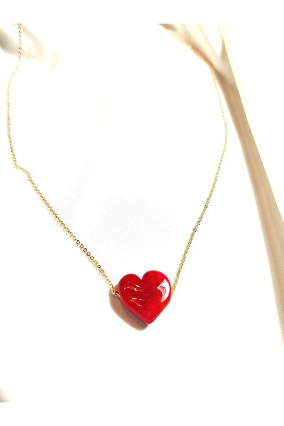 Mia Pera Kırmızı Kalp Kararmaz Altın Kaplama Seri Zincirli Kolye
