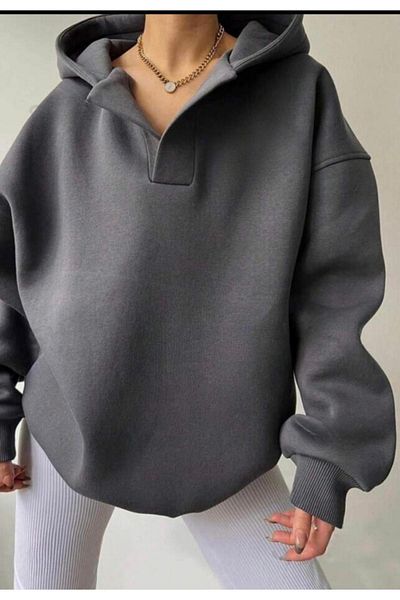 CAST COLLECTİON Anthracite Hooded Low-cut Women's Sweatshirt