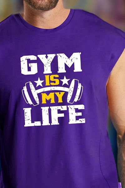 BESSA تي شيرت/تي شيرت رجالي مطبوع عليه صورة Gym Life باللون الأرجواني - رقبة دائرية، قطن، بدون أكمام