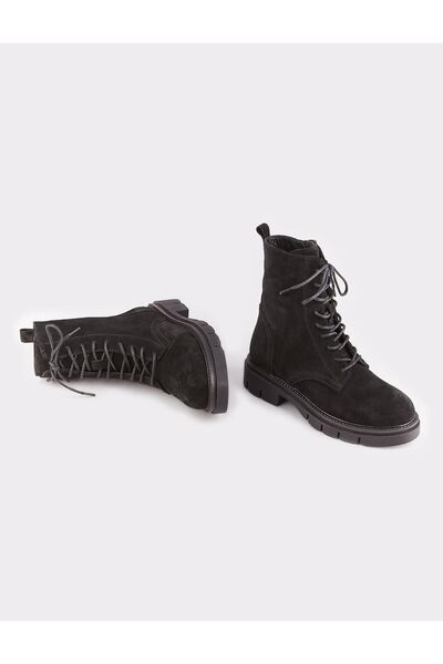 Cabani Γυναικείες μπότες από γνήσιο δέρμα σουέντ μαύρες με κορδόνια