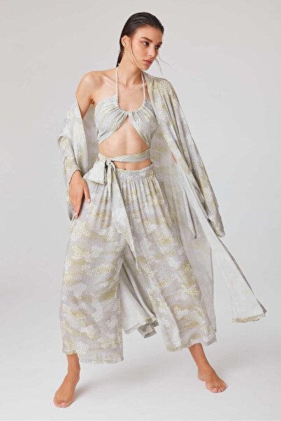 Niseko Bitkisl Ipek Bej Desenli Kimono