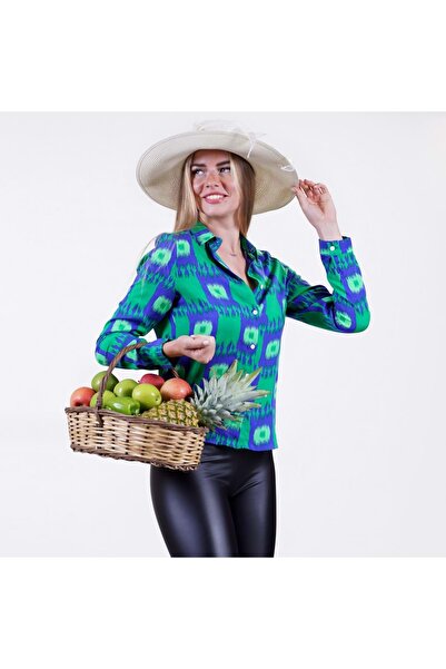 Exve Exclusive Cămașă de damă slim fit cu design etnic albastru verde