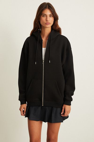 GRIMELANGE Belia Women's 3-Thread Raster Zipper Detailed Hooded Black Sweatshirt