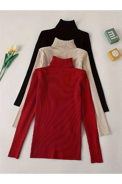 Beybun boutique Pachet de 3 pulovere din bumbac cu guler jacquard pentru femei - negru, bej, roșu