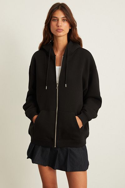 GRIMELANGE Belia Women's 3-Thread Raster Zipper Detailed Hooded Black Sweatshirt