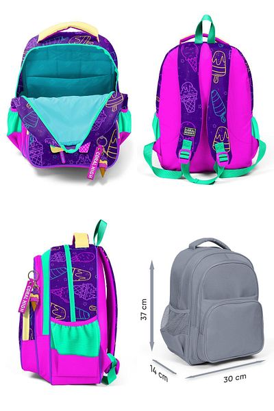 Coral High Set de geanți de școală pentru fete cu model de înghețată violet și roz - pentru școala primară și gimnazială