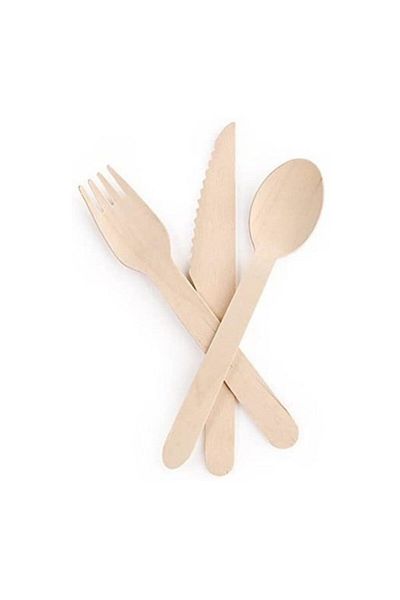 Partifabrik Disposable Wooden Wooden Spoon Fork Knife Set 24 Pieces (8 Fork 8 Spoons 8 Knives)
