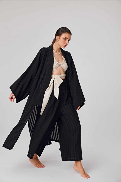 Niseko Uzun Çizgili Müslin Kimono