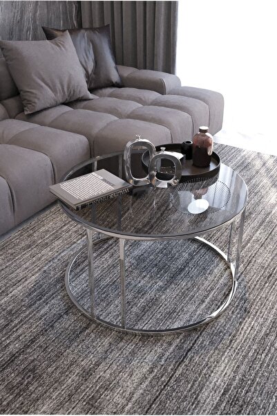 Nies Aksesuar Armoni Orta Sehpa Gümüş Ayak Füme Cam