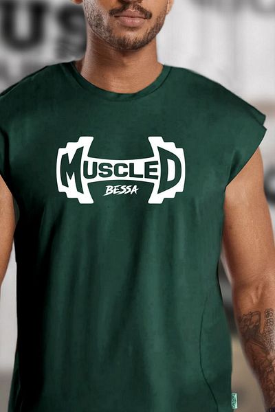 BESSA Men's Oversize Crew Neck Petrol Printed Sleeveless Cotton Tank Top