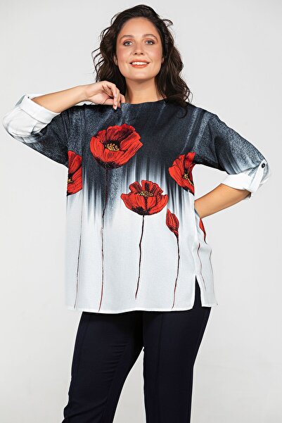 MİYORO Flower Pattern Printed Relaxed Cut Plus Size Women's Blouse