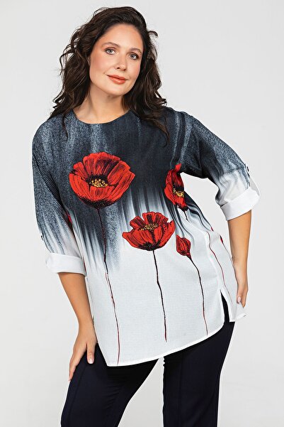 MİYORO Flower Pattern Printed Relaxed Cut Plus Size Women's Blouse