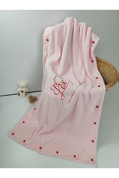 Tomuycuk Love Embroidered Heart Blanket, Pompom Sofa Throw, Play Mat and Gift Cover