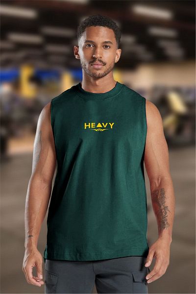 BESSA Men's Heavy Printed Petrol Oversize Crew Neck Cotton Sleeveless T-Shirt/Atlet