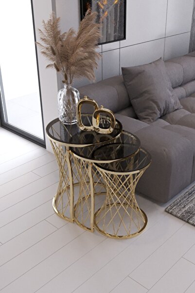 Nies Aksesuar Hasır Telli 3'lü Zigon Sehpa Gold Ayak Füme Cam