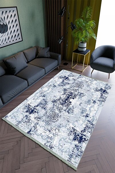 10 Post Online Salon Halısı Modern Lacivert Yolluk Kaymaz Yuvarlak Oval Kesme...