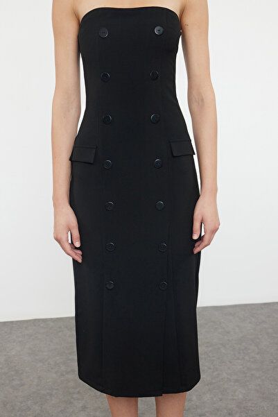 Trendyol Collection Černé rovné střihové detaily knoflíků bez ramínek Midi tkané šaty TWOAW24EL00418