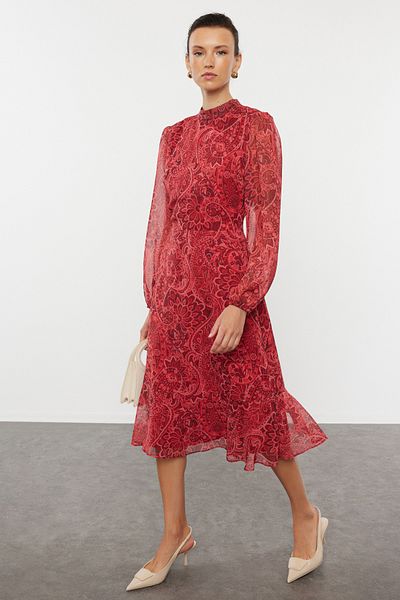 Trendyol Collection Winter-Midikleid – rot gemustert und mit Volant, gewebt TWOAW23EL01436