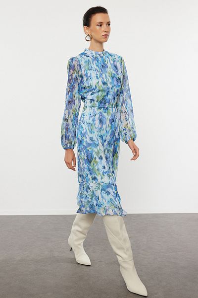 Trendyol Collection Barevné květinové vzorované poskakující midi šaty - TWOAW23EL01436