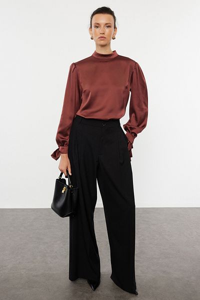 Trendyol Collection Υφαντή λεπτομέρεια καφέ μπλούζα - Λεπτομέρεια γραβάτας, TOFAW19FG0082