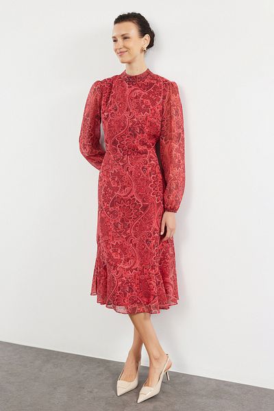 Trendyol Collection Winter-Midikleid – rot gemustert und mit Volant, gewebt TWOAW23EL01436