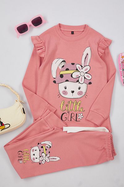 TRENDYOLKIDS Pink Thin Rabbit Printed Seasonal Pajamas Set for Girl - Knitted Bottom-top Set Tkdaw25au00015